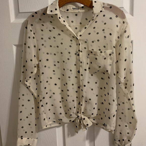 Garage White and Black Polka Dot Sheer Button Down Blouse - Picture 1 of 4